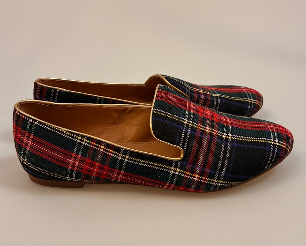 J.Crew Tartan Plaid Venetian Loafers Gold Metallic Piping Flats Women 7.5